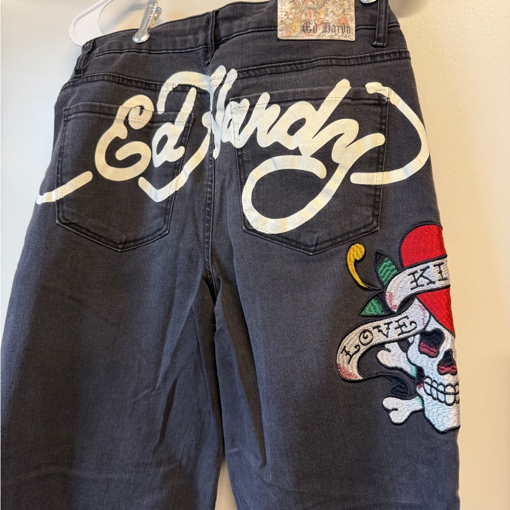 Ed Hardy Dark Gray Jeans with Skull and Heart Design